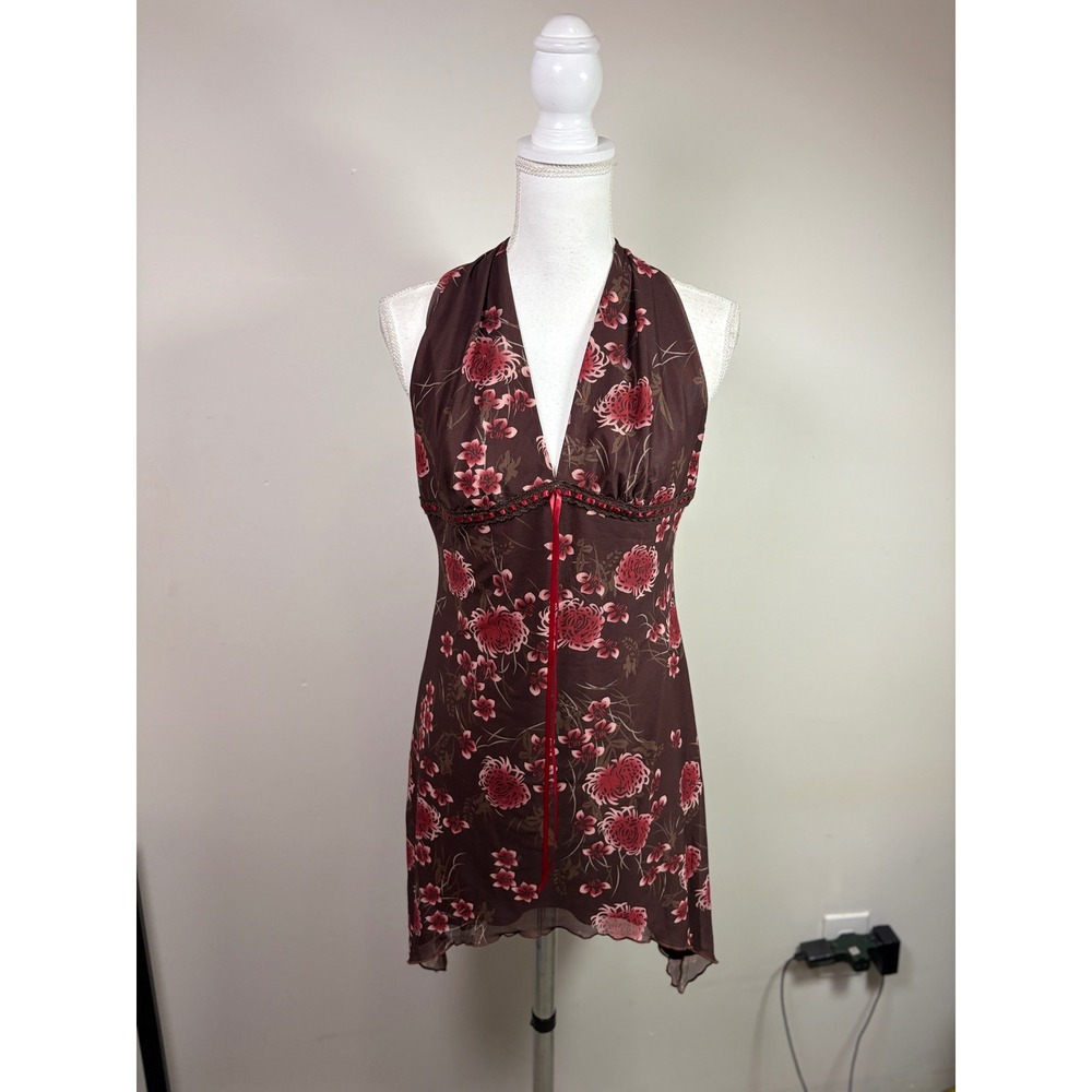 SHEIN Brown Floral Mesh Halter Mini Dress Size L Y2K Fairycore Lettuce Hem